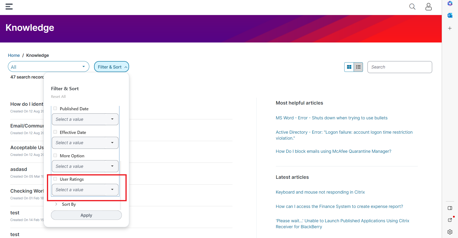Example of a User Ratings filter.
